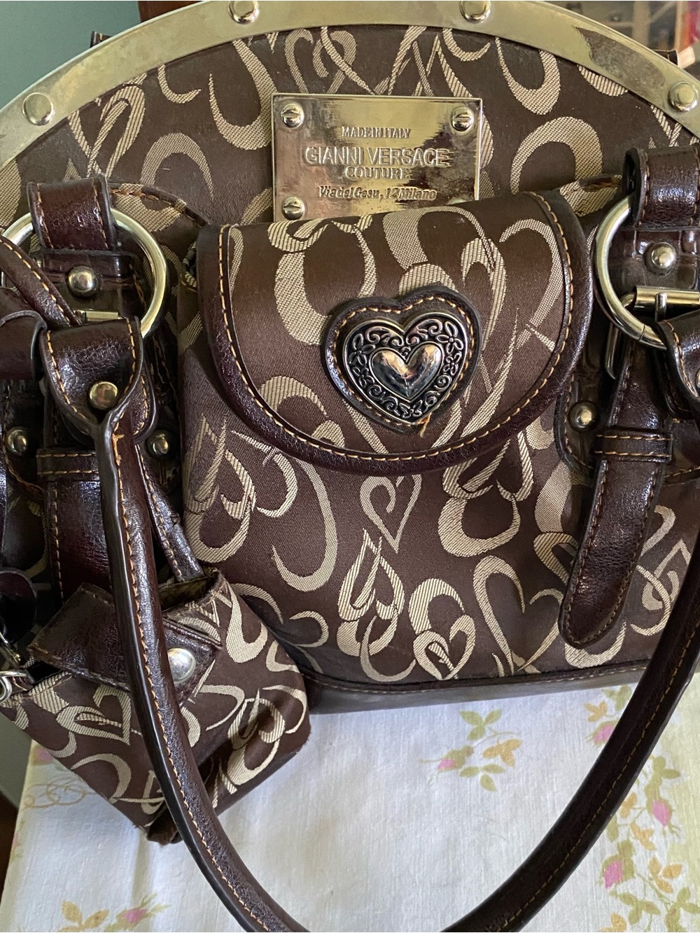 Versace Brown and Cream Heart-Accent Shoulder Bag